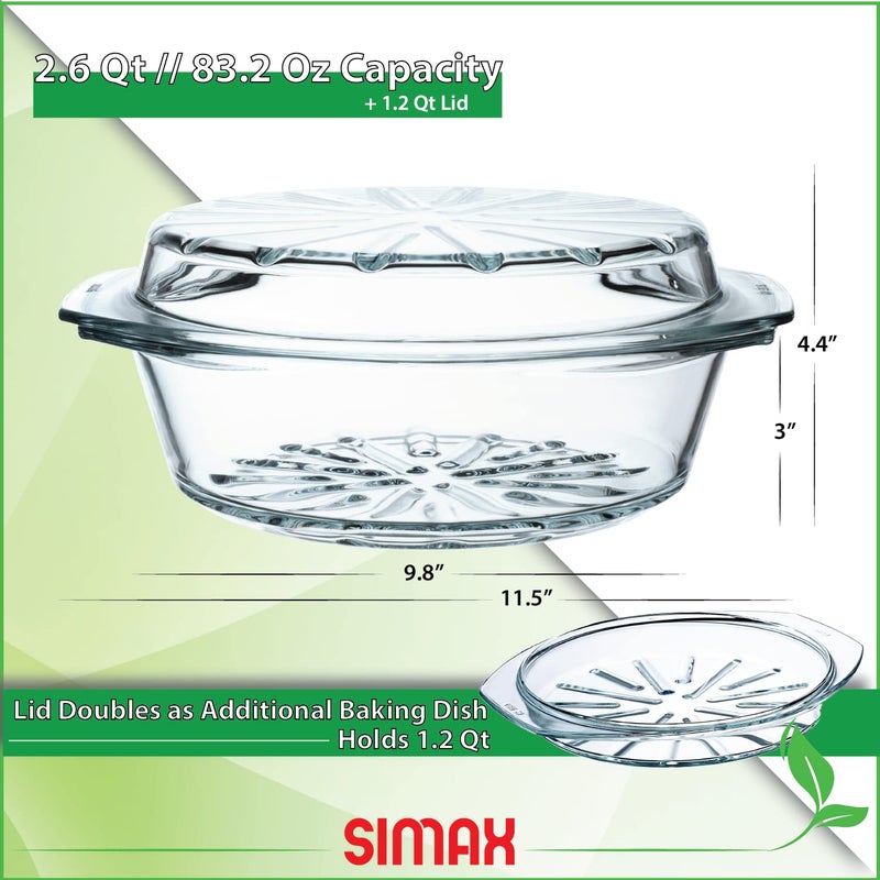 Simax Casserole Dish For Oven, Glass Baking Dish With Lid, Ridged Design for Low Fat Cooking, Microwave, Oven, and Dishwasher Safe Cookware, Borosilicate Glassware, 2.6 Qt. Round Baking Dish - Image 1